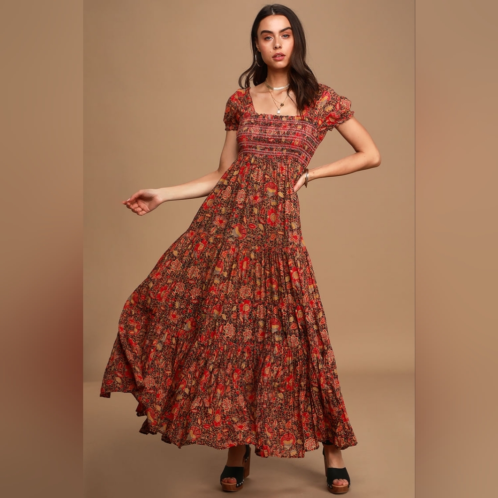 Free People Getaway Red Floral Print Tiered Maxi Dress